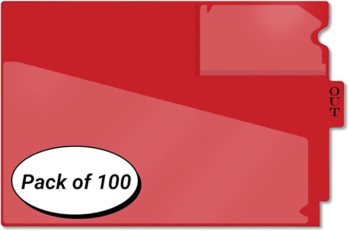 Doctor Stuff - Center Tab Vinyl Out Guides, Diagonal Cut Front Pocket, Top Charge Out Slip Pocket, Plastic File Folder, Letter Size 9" x 13-1/4", Red, 100/Box