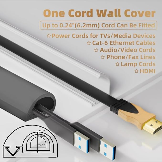 RPXRPXSide Open One Cord Cable Raceway Wire Cover for Cords, Our Cable Track is Best Suited for one Wire (Diameter <0.27"),Wire Raceway Management Cable Concealer Channel (Grey, 390in)