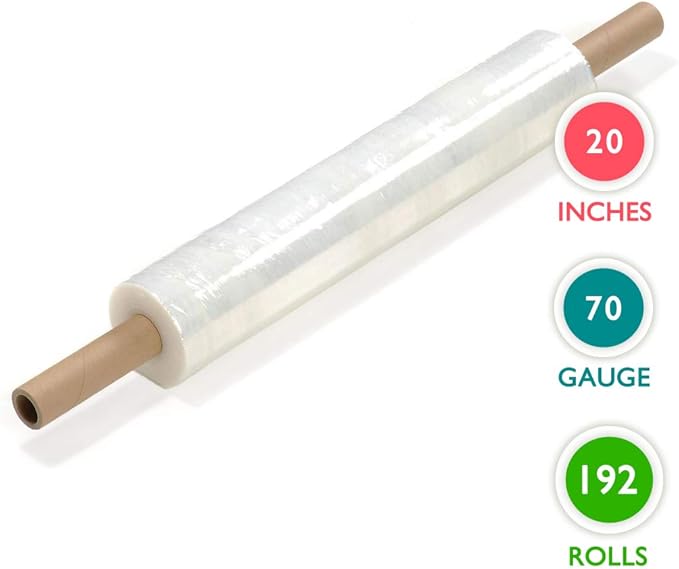 20 inch x 1000 Feet Stretch Wrap Extended Core Handle, Clear Stretch Film, 192 Rolls