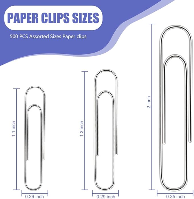 Paper Clips, 500 Pcs Assorted-Size Paperclips, Premium Silver Paperclip Large Medium and Small, Rustproof Metal Paper Clips for Office, School, Home