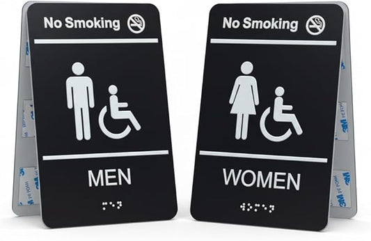 Unisex Restroom signs for business with No Smoking Sign, Bathroom Signs, ADA Compliant with Grade 2 Braille, Raised Icons, Double Sided 3M Tape for Office Toilet Door & Wall 6x9" (Men & Women)