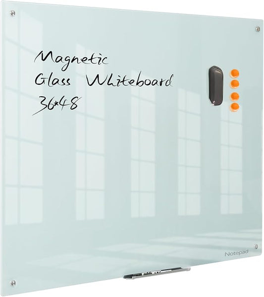 Magnetic Dry Erase Board - Frameless Glass White Board 48 x 36 Inches, Wall Mounted for Office, Home & School