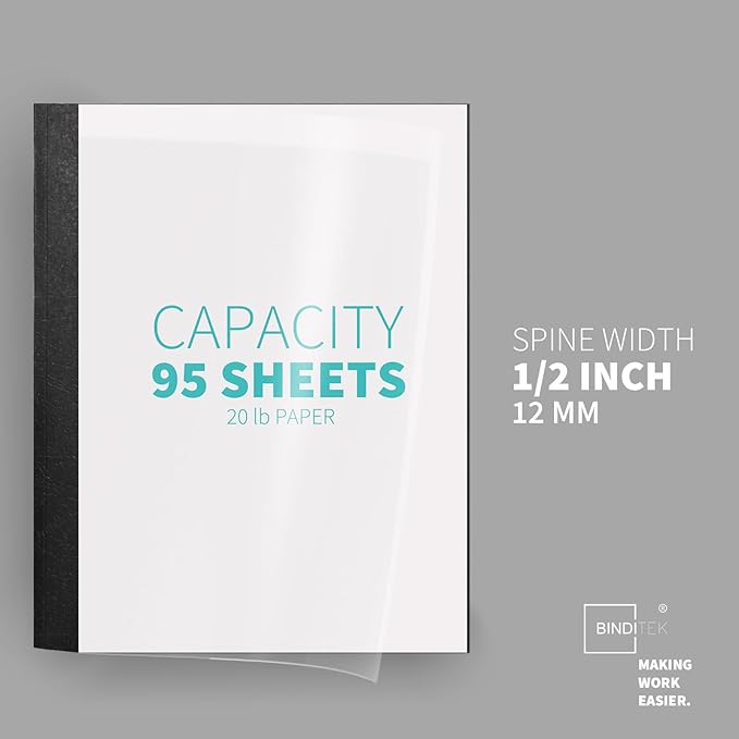 Binditek 10 Pack Thermal Binding Presentation Covers, 1/2 Inch Spine, Holds 95 Sheets, Ultra Clear Front Cover, Black Paper Back Cover, Letter Size, for Students and Coworkers