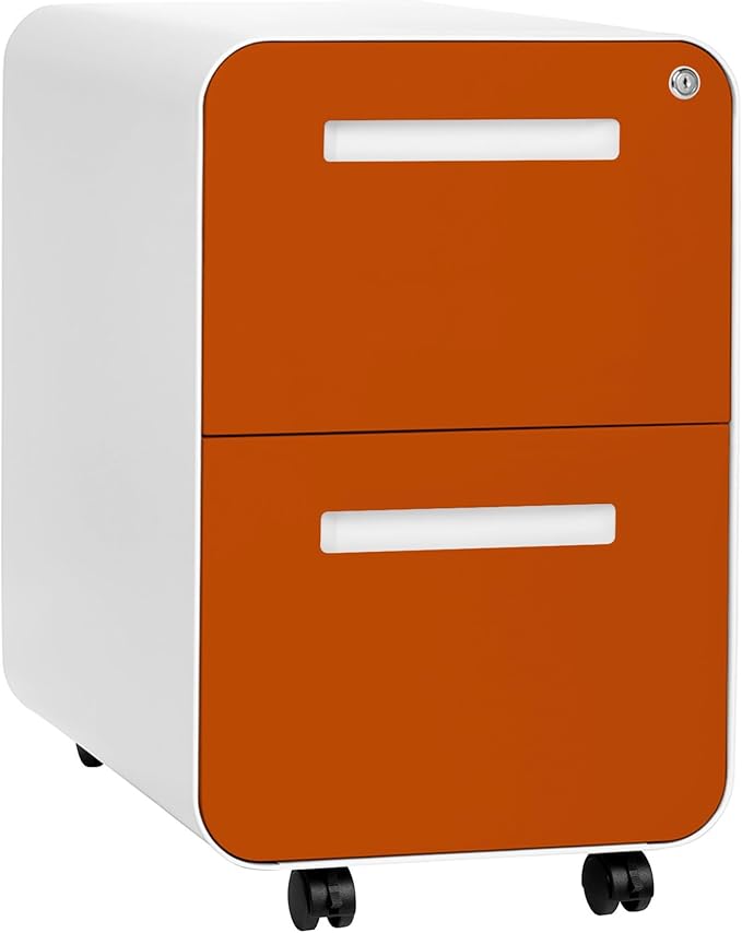 Laura Davidson Furniture Stockpile 2 Drawer Mobile File Cabinet with Lock - Under Desk Metal Filing Cabinet, Legal/Letter File Folders, Wheels and Stationary Feet, Pre-Assembled, White/Orange