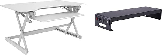 Rocelco 40" Large Height Adjustable Standing Desk Converter with Dual Monitor Stand BUNDLE - Quick Sit Stand Up Computer Workstation Riser - Retractable Keyboard Tray - White (R DADRW-40-DMS)