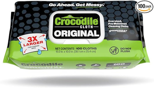 Crocodile Cloth Original Cleaning Wipes – 100 (15” x 10”) Hand & Tool Industrial Cleaning Wipes – Large Multi-Surface Cleaning Cloths, Water-Based Solution with Extreme Cleaning Power — Safe on Skin