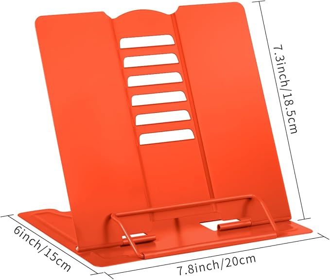 MSDADA Desk Book Stand Metal Reading Rest Book Holder Adjustable Cookbook Documents Holder Portable Sturdy Bookstands for Recipes Textbooks Tablet Music Books (Orange)
