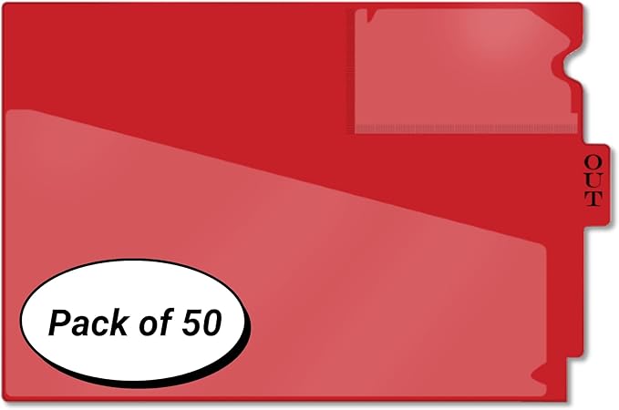 Doctor Stuff - Center Tab Vinyl Outguides, Diagonal Cut Front Pocket, Top Charge Out Slip Pocket, Plastic File Folder, Letter Size 9" x 13-1/4", Red, 50/Box