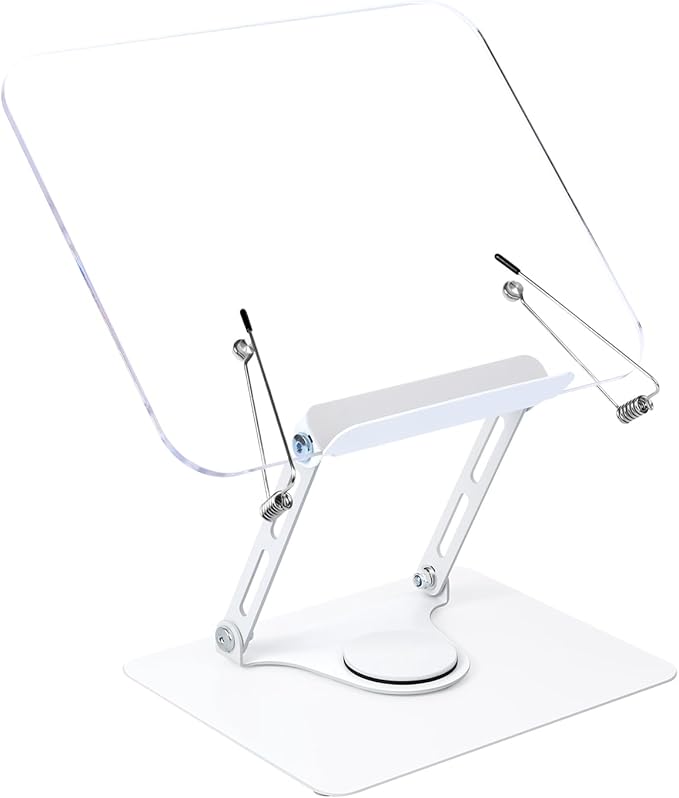 Honagu Book Stand for Reading, Adjustable Book Holder with 360 Degree Rotating Base & Page Clips, Hands Free Foldable Desktop Cookbook Stand for Sheet Music, Laptop, Recipe, Textbook (Acrylic)