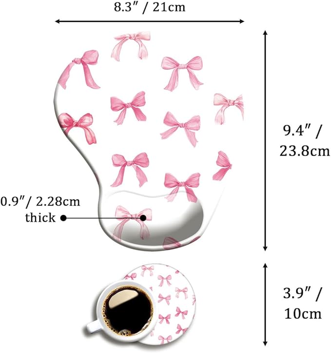 Ergonomic Mouse Pad with Wrist Support,Mouse Pad with Wrist Rest and Coaster Set,Office Supplies Non-Slip Mouse Pads for Desk, Non-Slip Comfortable,Pink Bow