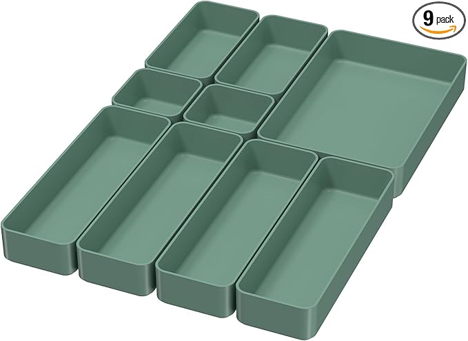 CHANCETSUI 9 Pcs Stackable Drawer Organizer Trays Set, Green, Multifunctional Storage for Vanity, Bathroom, Kitchen, Desk Drawer Organizer Office, PET Plastic