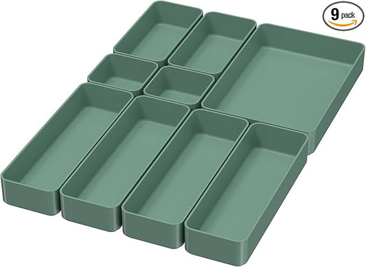 CHANCETSUI 9 Pcs Stackable Drawer Organizer Trays Set, Green, Multifunctional Storage for Vanity, Bathroom, Kitchen, Desk Drawer Organizer Office, PET Plastic