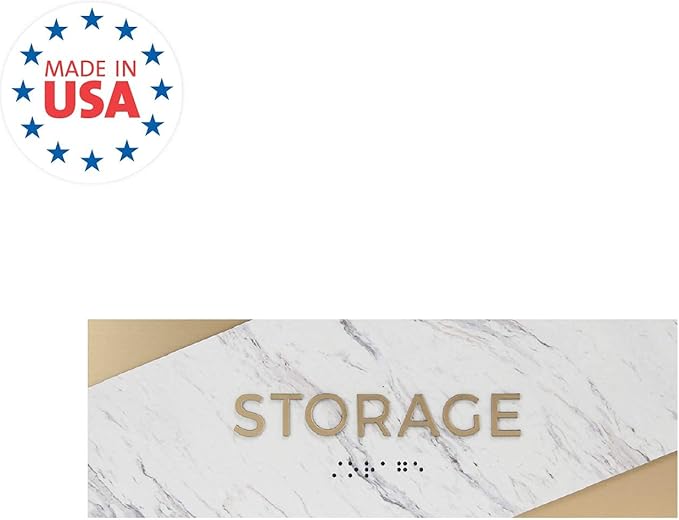 Storage Sign with Braille/Small Business Easy Adhesive Mount Door and Wall Sign / 3" x 9" Light Marble Design