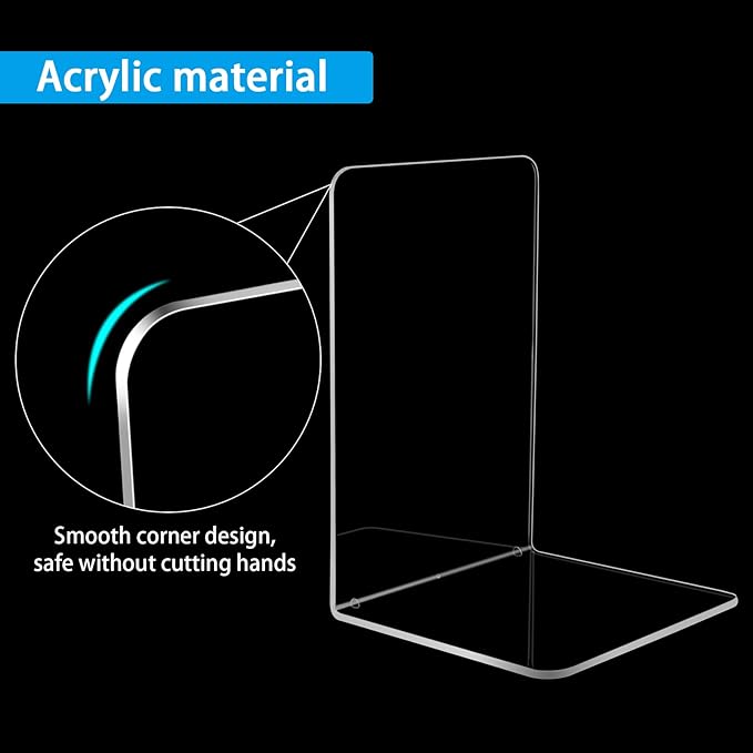 10 Pieces Book Ends, Clear Acrylic Bookends for Shelves, Heavy Duty Book Holders, Non Skid Decorative Bookends for School, Library, Bedroom, Office (7.28 x 4.7 x 4.7in)