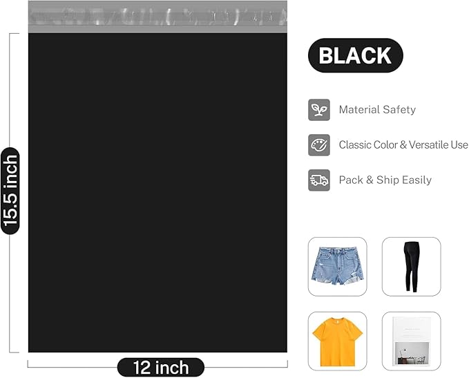 Metronic Poly Mailers 12x15.5 2000 Pack Black, Medium Size Shipping Bags Bulk Mailing Envelopes for Small Business, Mailers Poly Bags for Shipping Self Seal Waterproof, Mailing Bag Packaging Bags