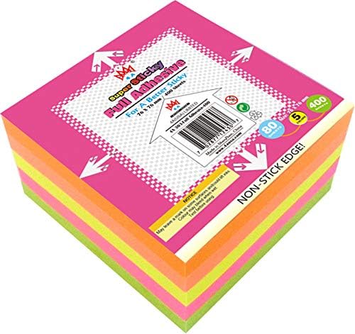 Sticky Full Adhesive Notes,3 1/3 x 3 Inches,80 Sheets/Color,Self-Stick Notes,5 Colors/Pack,400 Sheets Total,4A 303-Full Adhesive-400