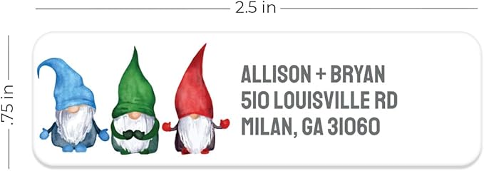 Watercolor Gnome Trio Rolled Address Labels / 250 Personalized Return Address Labels/Designer Address Stickers in Elegant Plastic Dispenser