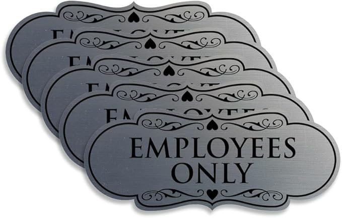 Designer EMPLOYEES ONLY Sign | Easy Installation | Office or Business Signs | Workplace Safety - Silver - Large (5 Pack)