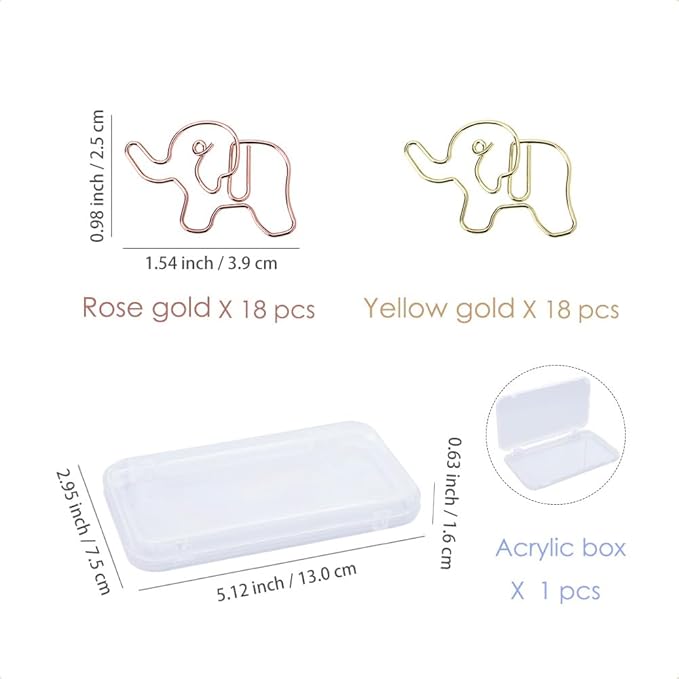 OWLFAVO 36pcs Elephant Shape Paper Clips with Clear Box, Rose Gold and Yellow Gold, Funny Cute Paperclips Bookmarks Planner Clips for Fun Office Supplies School Gifts Wedding Decoration