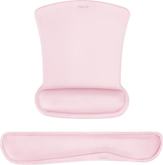 MOSISO Wrist Rest Support for Mouse Pad & Keyboard Set, Ergonomic Mousepad Non-Slip Base Home/Office Pain Relief & Easy Typing Cushion with Neoprene Cloth & Raised Memory Foam, Rose Pink