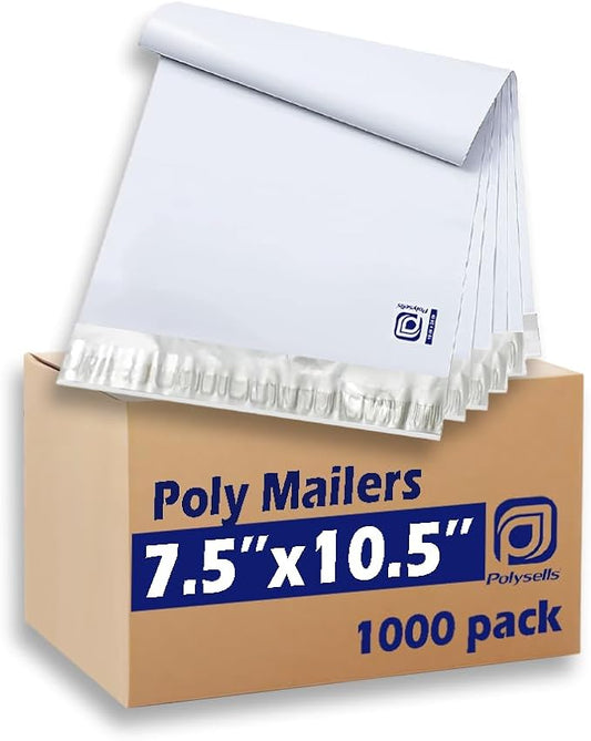 POLYSELLS 1000 pcs 7.5x10.5 Inches White x Silver Poly Mailers Shipping Envelopes, Strong Adhesive Sealing, Waterproof, and Tear-resistant Postal Mailing Bags for Clothing, Books, and Accessories