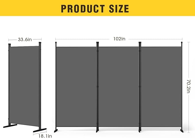 AKTOP 3-Panel Room Divider, Freestanding Wall Divider for Room Separation, Folding Privacy Partition Screen 70''W x 102''H, Portable Room Divider Panel Privacy Screen for Dorm Studio Office, Grey