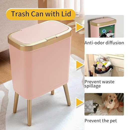 Procade Bathroom Trash Can with Lid, 4 Gallon Pink Garbage Can, Tall Plastic Trash Bin with Push Button, Slim Gold Trash Can Waste Basket for Room, Bedroom,Office,Kitchen
