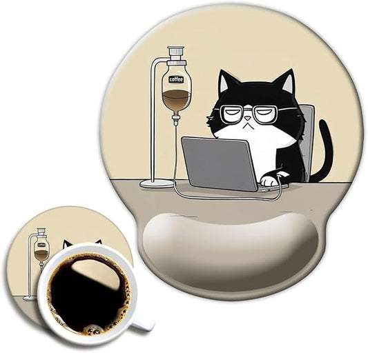 Ergonomic Mouse Pad with Wrist Support,Mouse Pad with Wrist Rest,Relieve Wrist Pain Mousepad Non-Slip Rubber Base,Mouse Pads for Desk,Computers,Laptop,Office,Home,Accessories Cute Coffee Cat