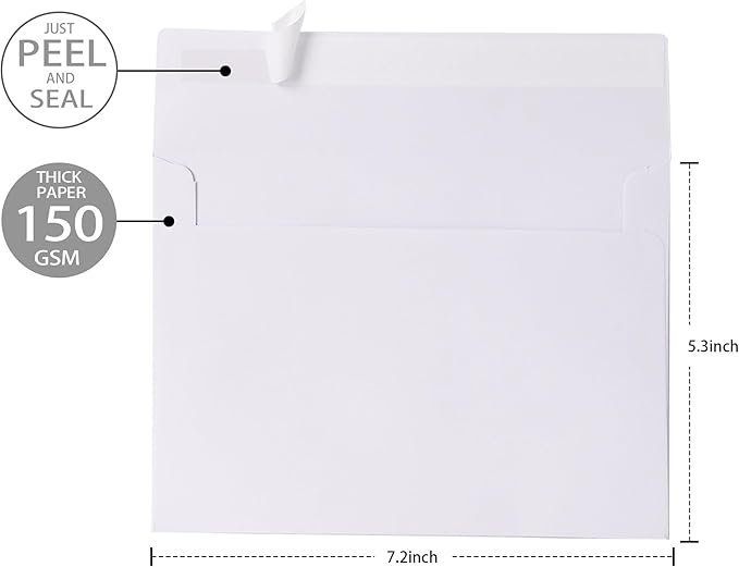 5x7 Envelopes 50 Pack, A7 White Envelopes for Invitations, 5 1/4” x 7 1/4” Large for Weddings, Invitations, Greeting Cards, Postcards, Photos, Mailing, Quick Self Seal.