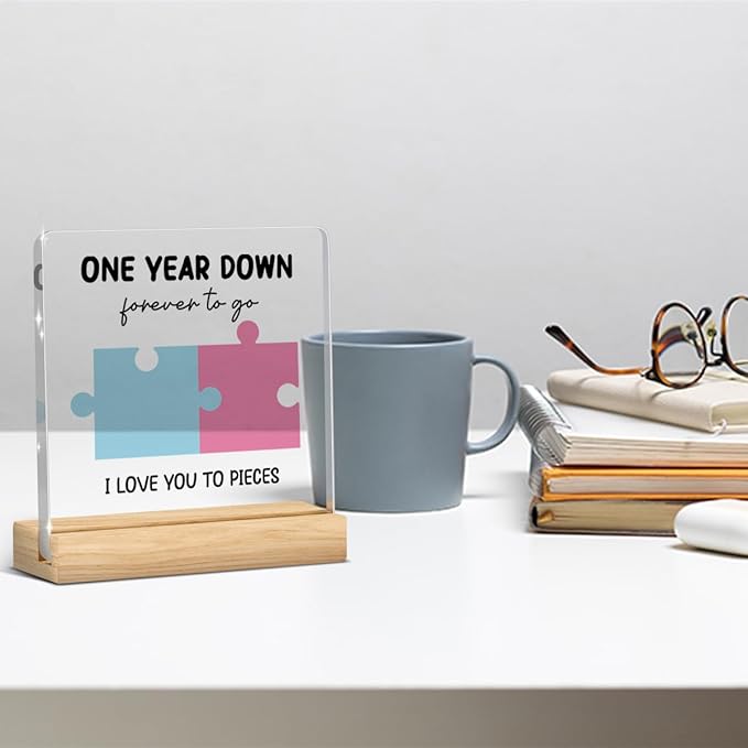1 Year Anniversary Unique Gifts for Boyfriend Girlfriend,1 Year Anniversary Plaque Gifts for Couple Wipeable Acrylic Sign for Women Man Boyfriend and Girlfriend with Wood Stand 4 X 4 Inch