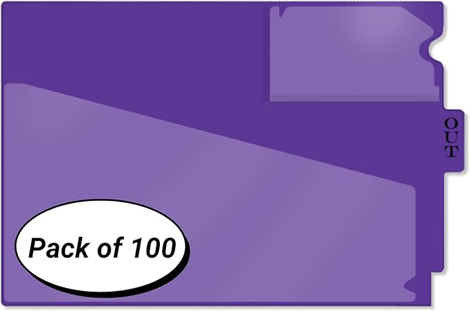 Doctor Stuff - Center Tab Vinyl Out Guides, Diagonal Cut Front Pocket, Top Charge Out Slip Pocket, Plastic File Folder, Letter Size 9" x 13-1/4", Purple, 100/Box