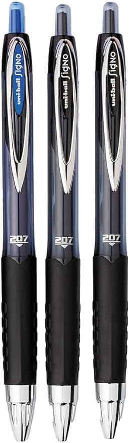 Signo 207 Roller Ball Retractable Gel Pens, Medium Point (0.7mm), Black And Blue Ink, 3 Count, Bundle with Plastic Reusable Pouch