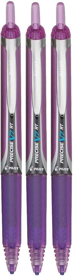 Precise V7 RT Retractable Rolling Ball Pens, Fine Point (.7mm), Purple Ink, 3-pk; Premium Comfort Grip, Bundle with Plastic Reusable Pouch