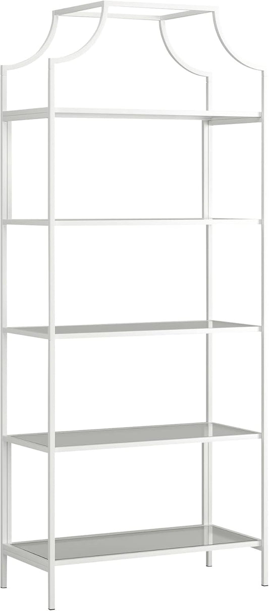 Sauder International Lux Book Shelf 5 Tier Modern Metal Multipurpose Bookcase with Glass Shelving, in White