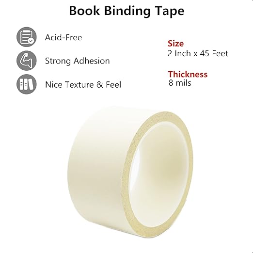 Book Binding Tape, Book Repair Tape 2 Inch Wide, Acid-Free, Easy to Use, Flexible Book Binding Material, Bookbinding Kit, Book Tape for Reinforcing Book Spines and Covers, 2'' x 24', White
