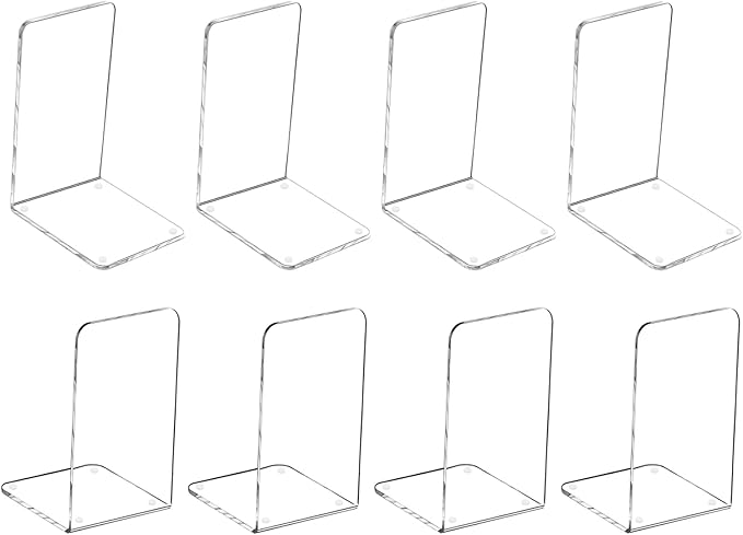 MerryNine 8 Pcs Plastic Acrylic Bookends, Clear Acrylic Non Skid Book Ends Organizer Bookshelf Decor Decorative Bedroom Library Office School Supplies Stationery Gift (7.08"x4.72"_4 Pairs)