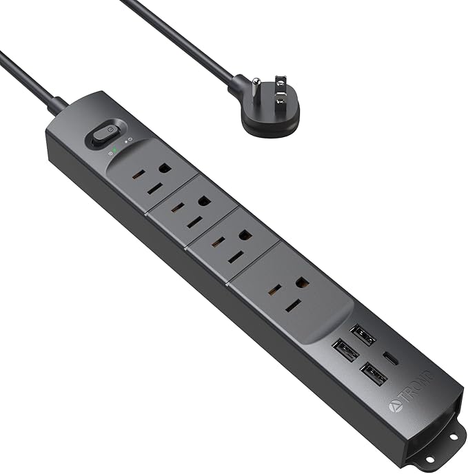 TROND Surge Protector Power Strip with USB, Ultra Thin Flat Plug 3ft Extension Cord 1625W, 3 USB A & 1 Type C, 4 AC Outlets 1440J Surge Protection, ETL Listed, Wall Mount for Home Office Dorm, Black