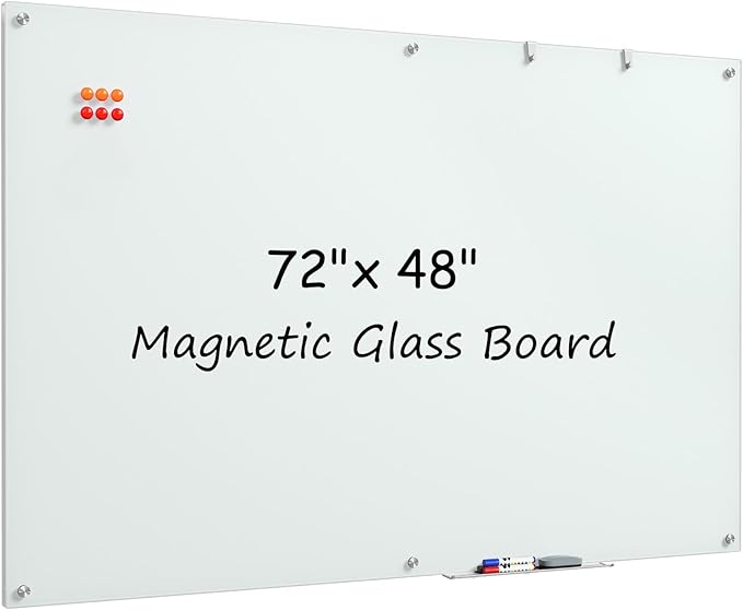 MaxGear Glass White Board 72"x48"(6' x4'), Wall Mounted Magnetic Glass Dry Erase Board, Extra Large Frameless Whiteboard with 1 Eraser,3 Markers and 6 Magnets for Office, School, Home