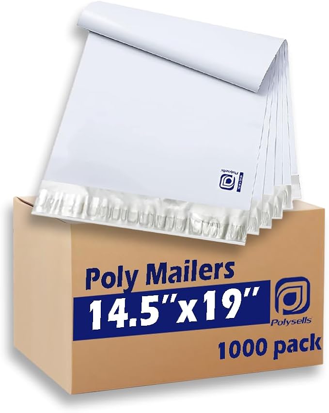 POLYSELLS 1000 pcs 14.5x19 Inches White x Silver Poly Mailers Shipping Envelopes, Strong Adhesive Sealing, Waterproof, and Tear-resistant Postal Mailing Bags for Clothing, Books, and Accessories
