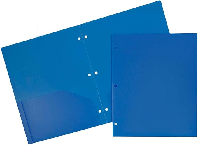 JAM PAPER Heavy Duty Plastic 3 Hole Punch School Folders with Pockets - Blue - 6/Pack