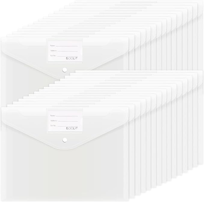 EOOUT 30pcs Plastic Envelopes, Clear Envelopes with Snap Closure, Document Folders Letter Size A4 Size File Envelopes with Label Pocket for School Home Work Office Organization