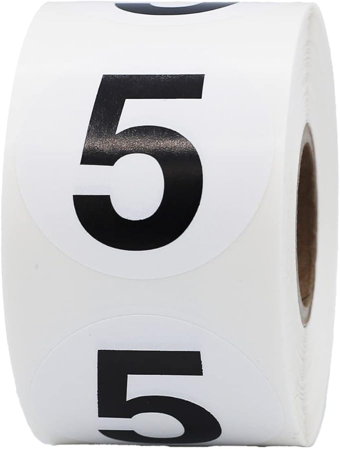 Black Number 5 Circle Stickers, 1.5 Inches Round, 500 Adhesive Labels on a Roll for Inventory, Bins, Retail, and Classroom Organization, Made in The USA