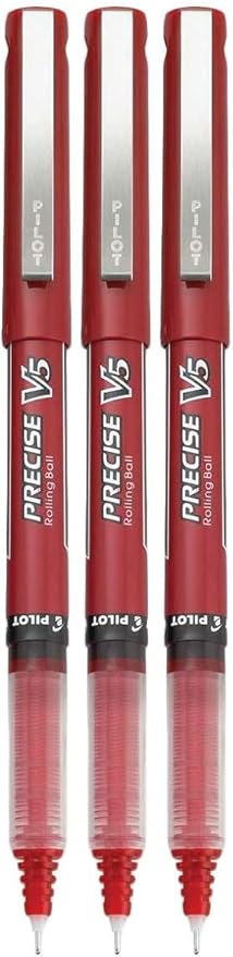 Precise V5 Stick Rolling Ball Pens, Extra Fine Point (.5mm), Red Ink, 3-pk; Bundle with Plastic Reusable Pouch