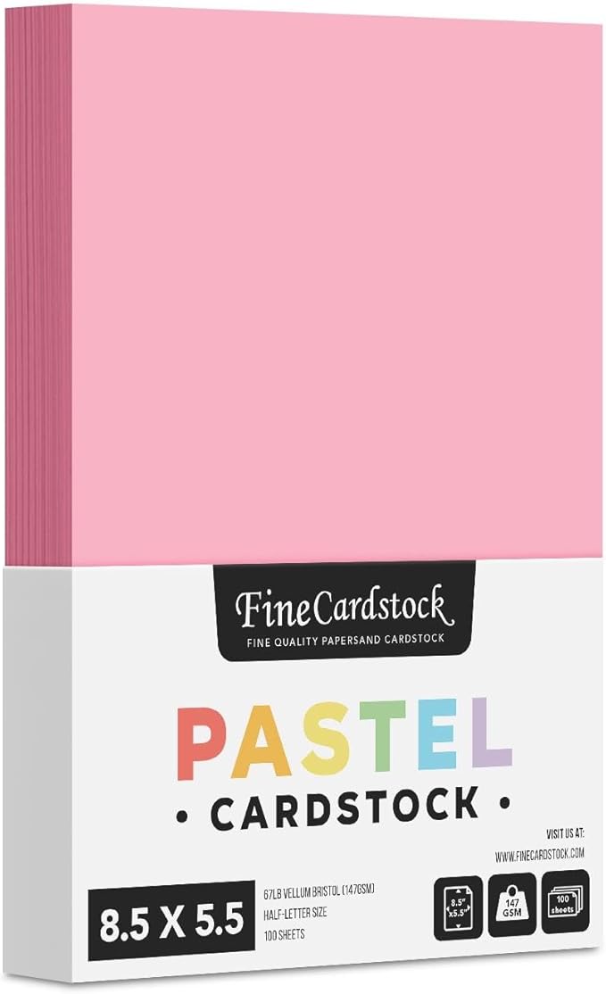 Half Letter Size, 8.5" x 5.5" Pastel Color Cardstock Paper for Arts and Crafts, Scrapbooking, Stationery Printing | Medium Weight 67lb Vellum Bristol (147gsm) Card Stock | 100 Sheets per Pack | Pink