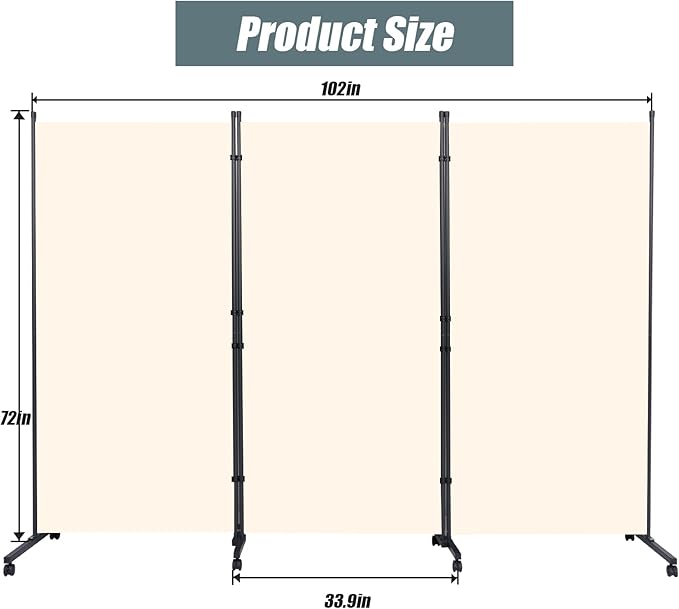 Room Divider Folding Privacy Screens with Wheels, 6FT Tall Divider for Room Separation, 3 Panel Movable Room Partitons and Dividers, Indoor Room Dividers Panel with Non-See Through Fabric for Office