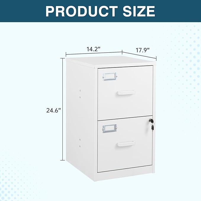 MIIIKO 2 Drawer Filing Cabinet with Lock, Metal Vertical File Cabinets for Home Office, Lockable File Storage Cabinets Under Desk, Letter/A4 File Folders Storage（White-Assembly Required