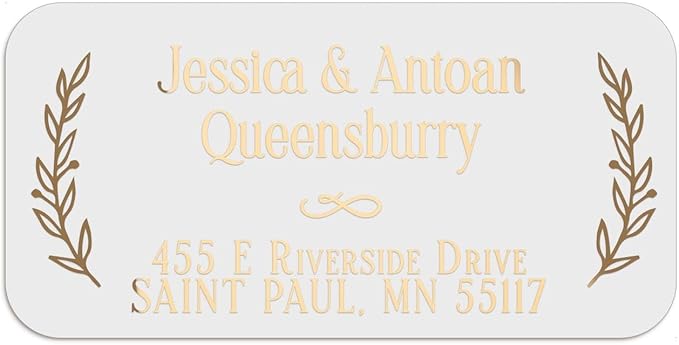 150 Personalized Return Address Labels with Laurel Design, Clear or White Custom Printed Address Stickers with Names & Address – Black, Gold, Rose Gold, Silver Text