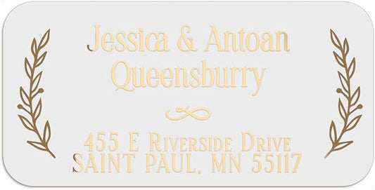 150 Personalized Return Address Labels with Laurel Design, Clear or White Custom Printed Address Stickers with Names & Address – Black, Gold, Rose Gold, Silver Text
