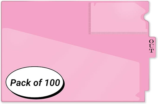 Doctor Stuff - Center Tab Vinyl Out Guides, Diagonal Cut Front Pocket, Top Charge Out Slip Pocket, Plastic File Folder, Letter Size 9" x 13-1/4", Pink, 100/Box