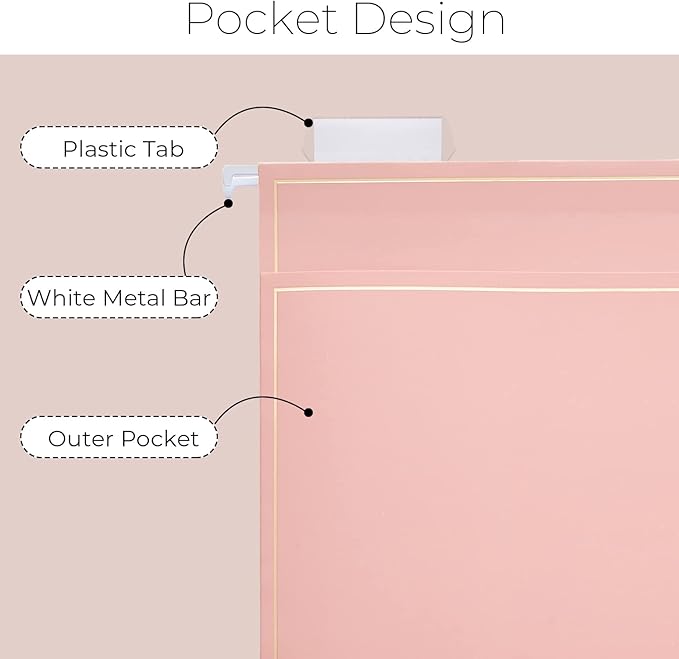 Y YOMA 6 Pack Rose Gold Hanging File Folders with Pocket Letter Size Decorative File Folder Cute Pretty Hanging Folder for Office Home School with 1/5-Cut Adjustable Tabs, Outer Storage Pockets